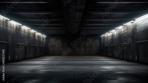 Empty dark underground tunnel, garage, corridor, warehouse with cement floor, asphalt, slab. LED lighting, neon lamps. Generation AI