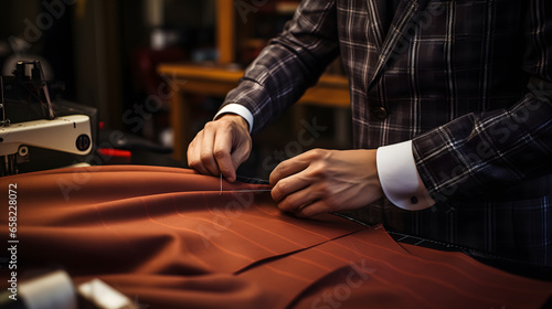 Showcase the hands of a skilled tailor expertly measuring, cutting, and sewing fabric to craft custom clothing. Highlight the attention to detail and craftsmanship in the world of fashion.