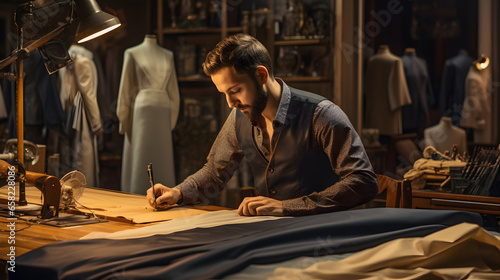 Showcase the hands of a skilled tailor expertly measuring, cutting, and sewing fabric to craft custom clothing. Highlight the attention to detail and craftsmanship in the world of fashion.