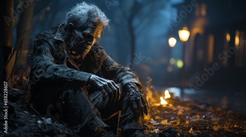 On a dark night, a man sits outdoors, his hands on his knees, as the flickering fire casts shadows around him photo