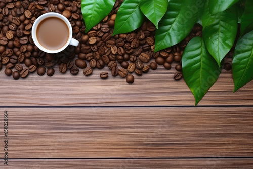 Coffee beans, green leaves and cup of coffee on wooden background