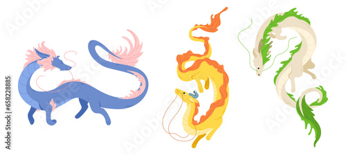 Symbol Year of dragon. Flying dragon. Set for Chinese New Year 2024 isolated on white background. Use for asian holidays Tet, Seollal. Traditional sign or mascot of lunar calendar in flat style.
