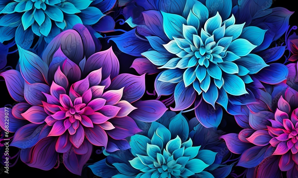 purple and blue flowers neon hallucinatory style. Generative Ai purple and blue flowers neon hallucinatory style. Generative Ai