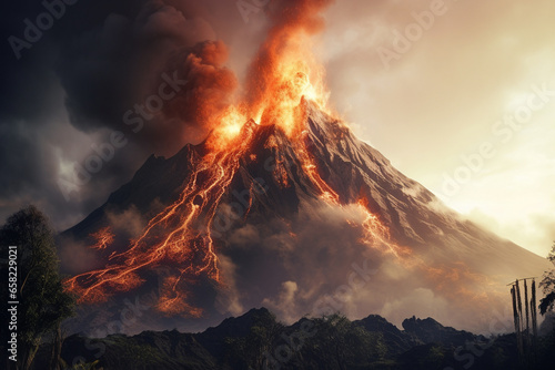The volcano erupted emitting fire and lava