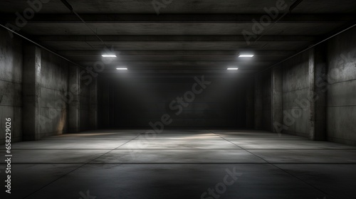 Empty dark underground tunnel, garage, corridor, warehouse with cement floor, asphalt, slab. LED lighting, neon lamps. Generation AI © MiaStendal