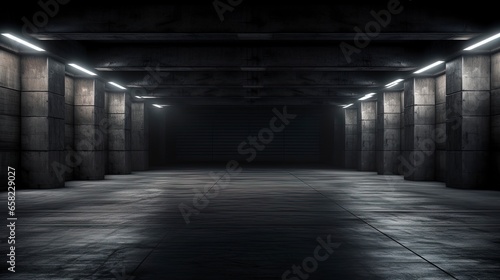 Empty dark underground tunnel, garage, corridor, warehouse with cement floor, asphalt, slab. LED lighting, neon lamps. Generation AI