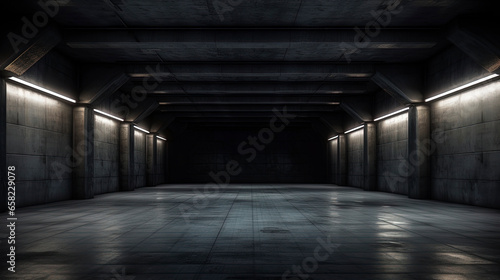 Empty dark underground tunnel  garage  corridor  warehouse with cement floor  asphalt  slab. LED lighting  neon lamps. Generation AI