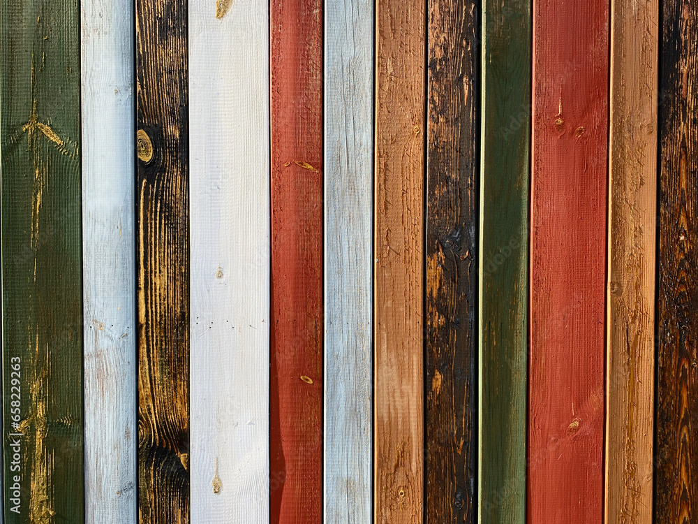 Colorful texture of painted in different bright colors wooden boards close up. Colorful surface of wooden wall from painted boards close-up.