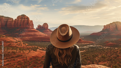 Woman in a Hat Looking over the Red Rocks