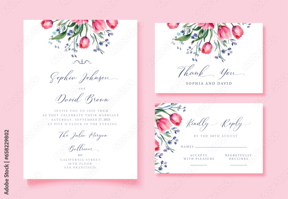 Watercolor Pink Wedding invitation with wild flowers, thank you and rsvp cards, vector template.