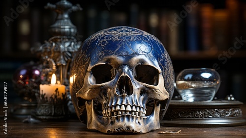 In a dark and mysterious room, a single skull peers out, surrounded by eerie blue light and flickering candles that cast shadows across its bony surface photo