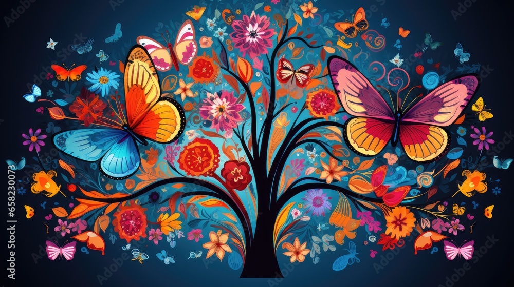 Graphic elements with trees, flowers, butterflies, bright colors Graphic elements with trees, flowers, butterflies, bright colors