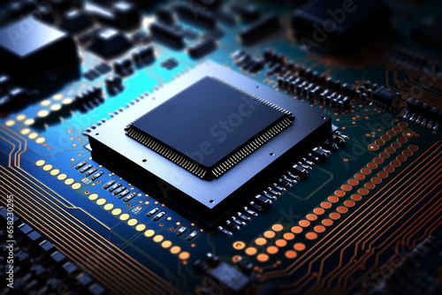 Obraz na płótnie Electronic circuit board close up. Computer Microchips and Processors on Electronic circuit board. Abstract technology microelectronics concept background. AI generated