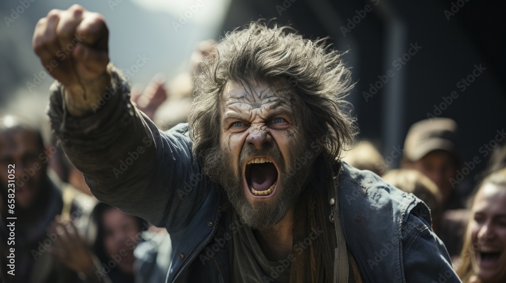 A wild and eccentric man stands outside, clothed in a wrinkle of fabric and his face adorned with paint and a thick, unruly beard, screaming in an unrestrained display of emotion A wild and eccentric man stands outside, clothed in a wrinkle of fabric and his face adorned with paint and a thick, unruly beard, screaming in an unrestrained display of emotion