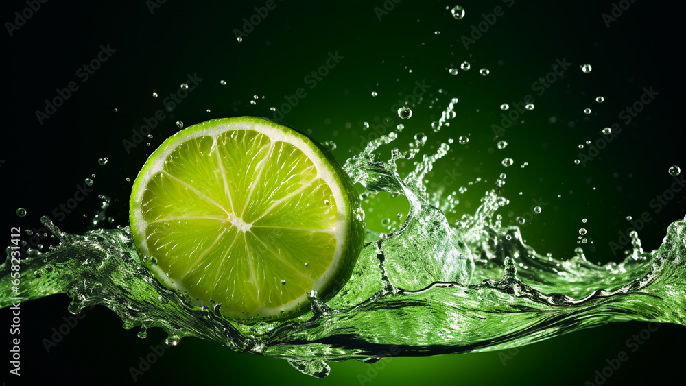 Several limes falling on water and splashing water droplets, commercial photo Several limes falling on water and splashing water droplets, commercial photo