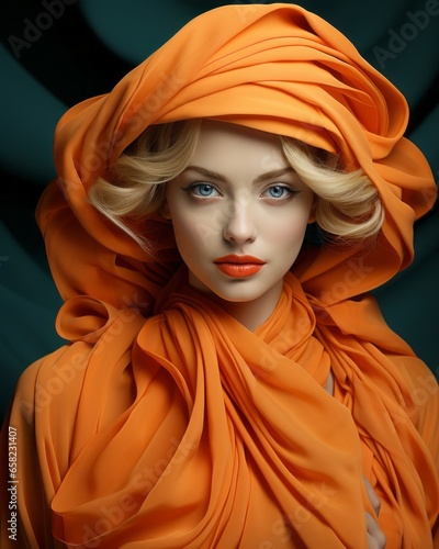 A vibrant and bold woman stands confidently with an orange scarf draped around her head, radiating self-assurance and a sense of fashion