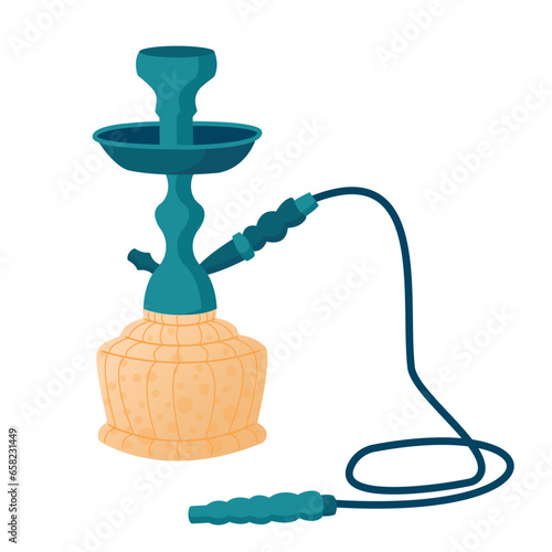 Hookah vector illustration. Cartoon blue hookah calabash with long pipe and yellow glass bowl for water to smoke, traditional accessory for smoking in lounge bar. Isolated illustration.