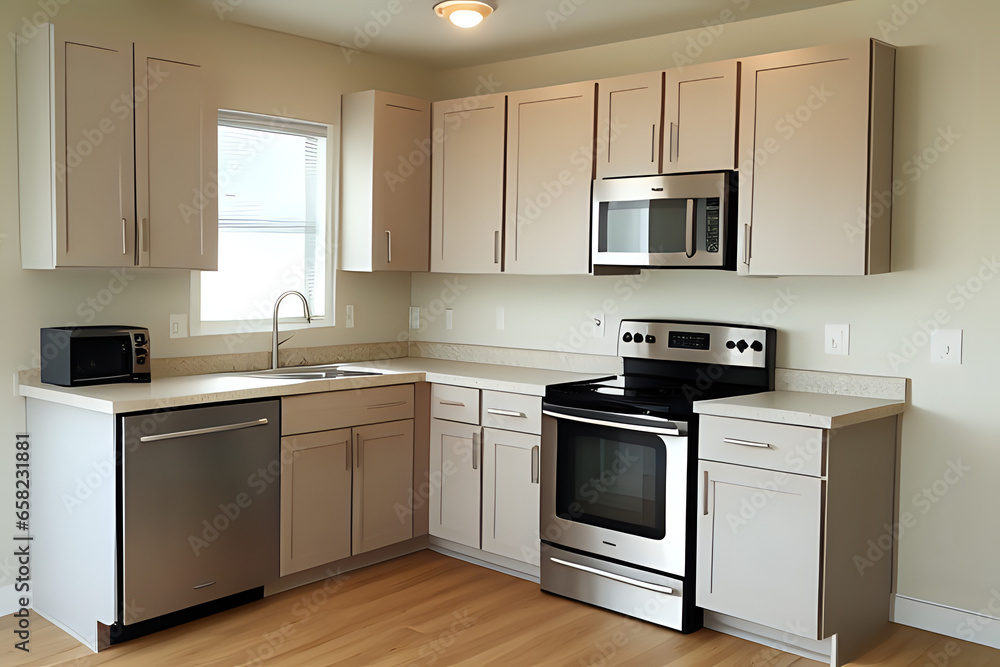 Builder Grade Kitchen with Oak Shaker Cabinets and White Appliances. Basic Kitchen in rental apartment. Builder Grade Kitchen with Oak Shaker Cabinets and White Appliances. Basic Kitchen in rental apartment.