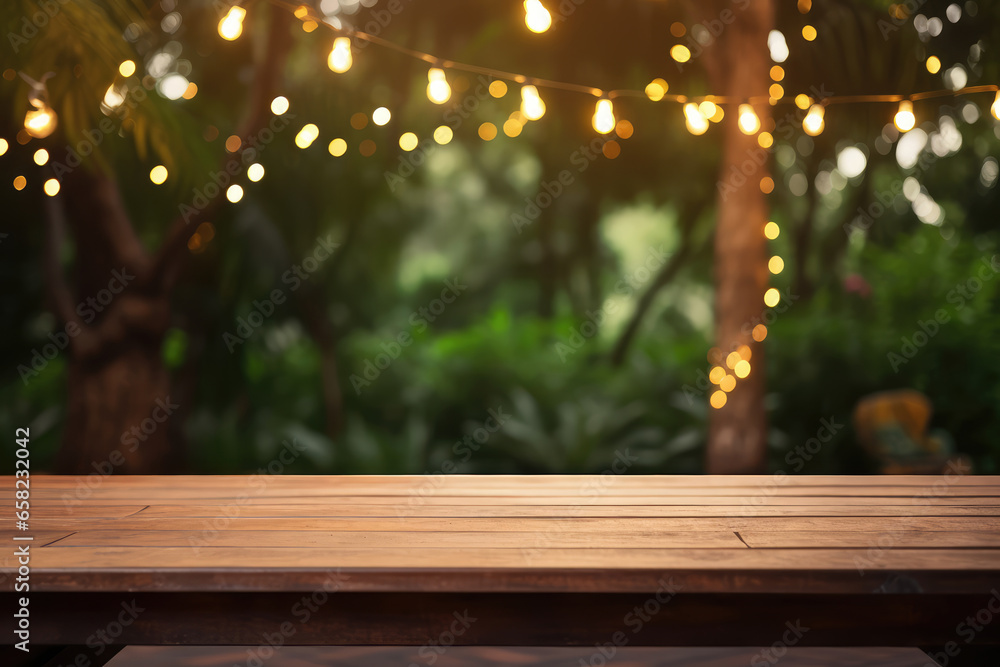 Wooden table top on blur background of garden with bokeh light