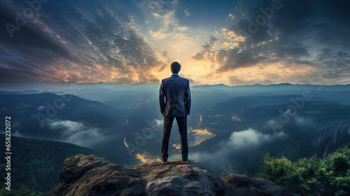 A man in a business suit stands on a summit and looks ahead