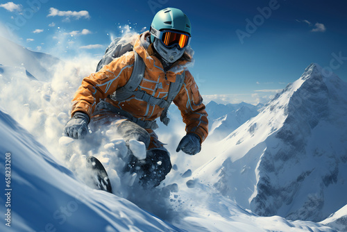 male snowboarder snowboarding in winter in mountains