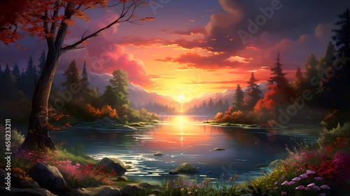 Sunset over lake in the mountains in Autumn  © Nim