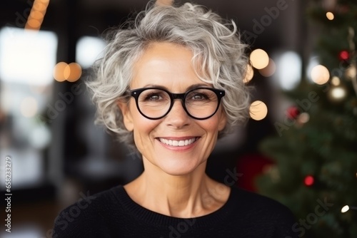 Portrait of happy senior woman in eyeglasses against christmas tree