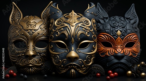 A stunning display of intricately designed clothing masks, adorned with dazzling gold and black patterns, creates an awe-inspiring sight that captivates the viewer