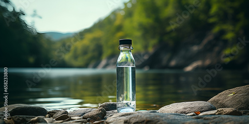 a water bottle on the stone with green mountain and river background