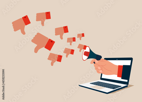 Cyber bullying. Hand businessman from out of laptop shouting on megaphone with negative thumb down. Flat vector illustration