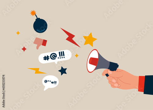 Internet hater, angry social media, dislike or negative feedback from remote work. Flat vector illustration