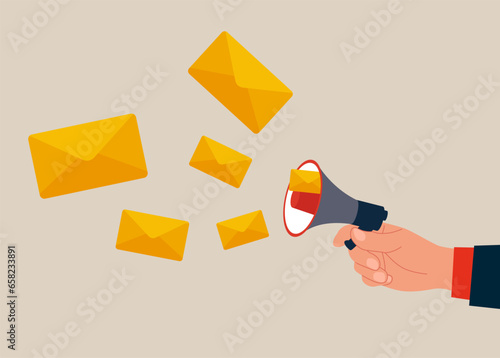 Using megaphone to send flying email newsletter online. Vector illustration