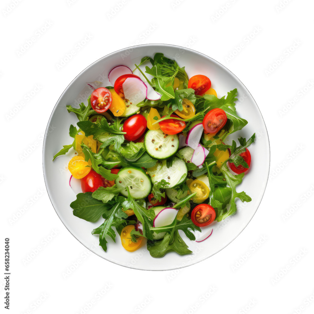 White plate with vegetable salad isolated on transparent and white background. Png transparent
