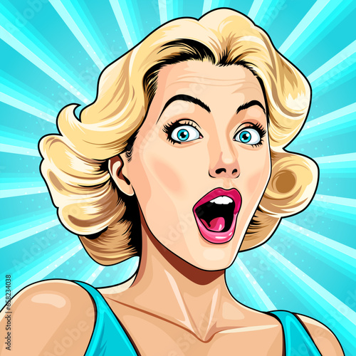 Surprised happy excited young attractive woman with open mouth, blong curly hair and blue eyes, vector illustration in vintage pop art comic style. Breathtaking