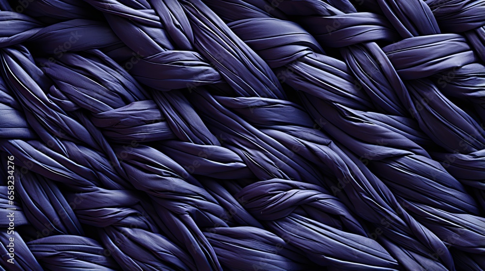 A tangle of rope winds around a vivid purple fabric, creating an intricate pattern of texture and color that evokes a sense of wildness and freedom