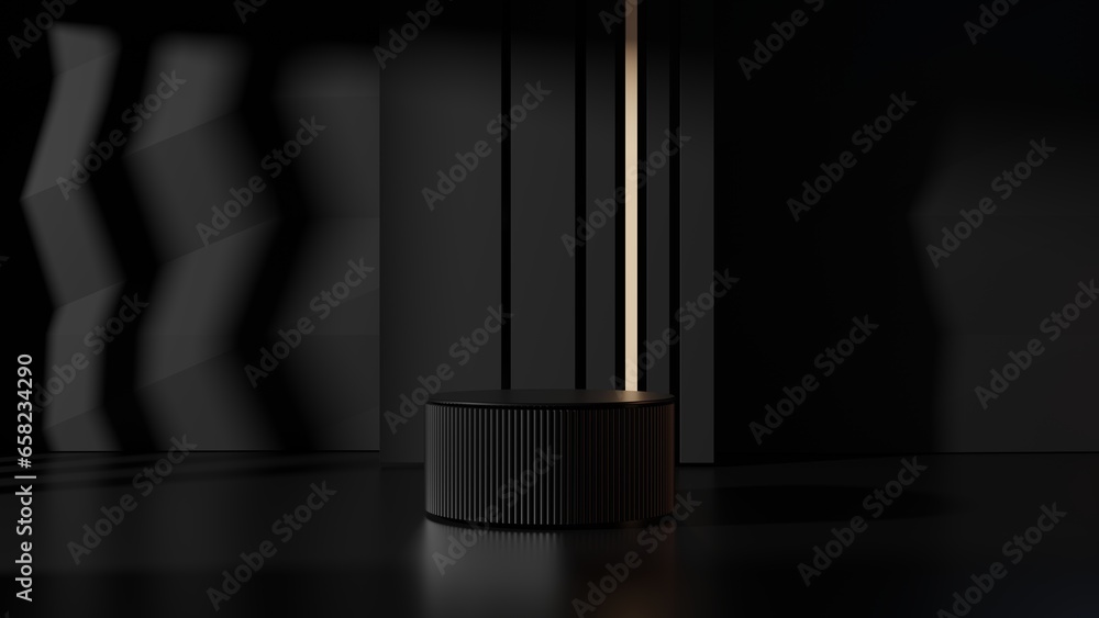 Black empty podium or pedestal with golden top for product presentation, showcase of product. Round mockup platform on black background. 3d rendering Black empty podium or pedestal with golden top for product presentation, showcase of product. Round mockup platform on black background. 3d rendering