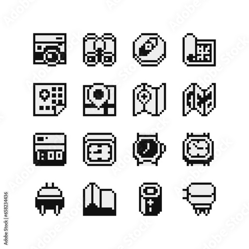 Navigation and tourism pixel art icon set, 1-bit sticker design, camera, binoculars, compass, map, alarm clock, wristwatch, charger. Design for logo, web, app, badges and patches. Isolated vector.