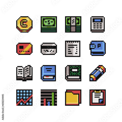 Business 8-bit icons set, money, trading, converter, currency symbols pixel art 80s style. Bitcoin sign icon for internet money. Bullion and dollar sign. Currency symbol. Isolated vector illustration.