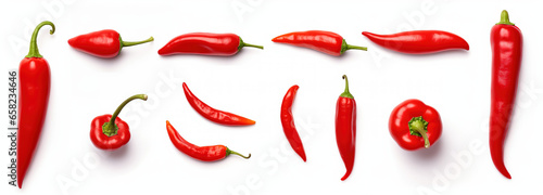 Set of whole and sliced Red pepper, isolated on white background, Top view