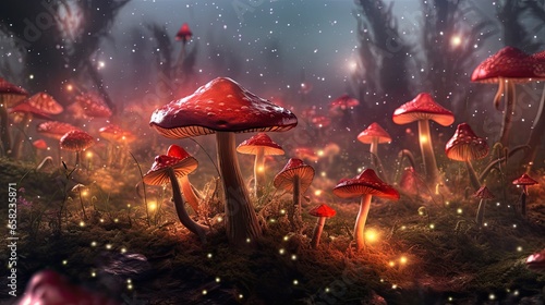 Magic Mushrooms In a Forest, Generative AI Illustration