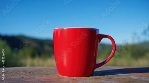 Red mug on a wooden table with space for text or logo on a landscape background