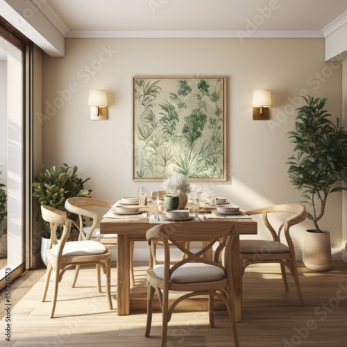 beautiful cosy natural contemporary interior dining room area with bright and clean design element earth tone material color scheme decorating house beauty background © VERTEX SPACE