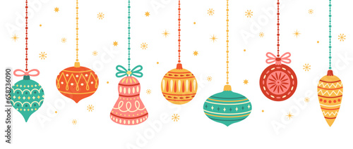 Set of colorful hanging Christmas balls and decorations. Christmas holiday concept. Vector flat cartoon illustration.