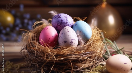 Multi-colored Easter eggs in a nest.