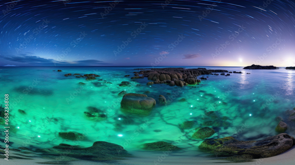 Beach at night with bioluminescent plankton