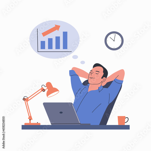 Young man sit at desk distracted from computer work dreaming of profit. Vector flat style cartoon  illustration