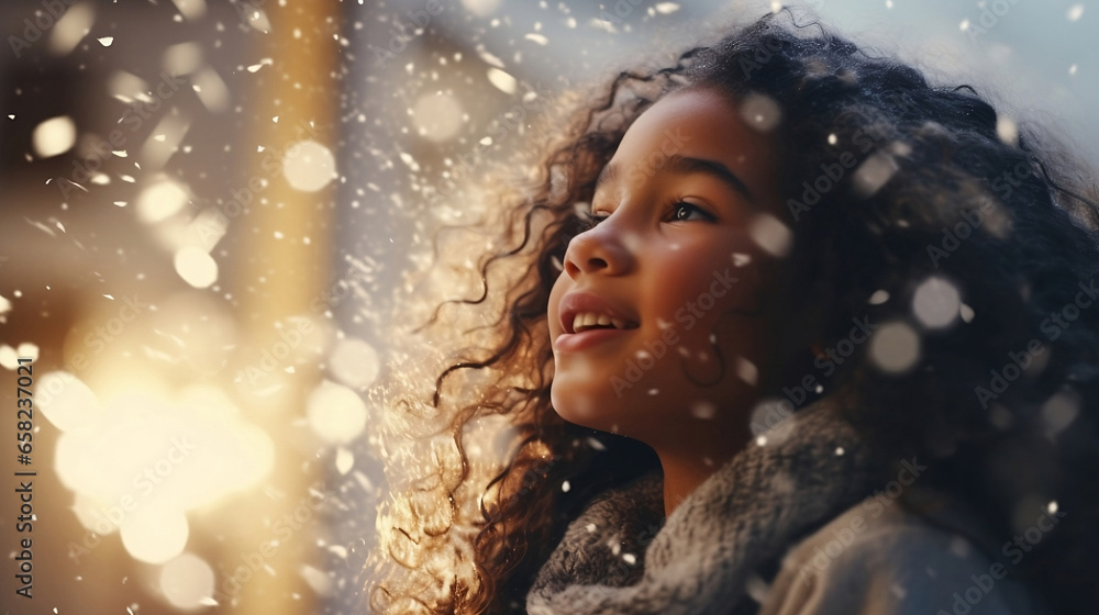 portrait of a girl in snow.Side shot of a girl enjoying a snowflake. Her hair is flowing in the air and the background is blurred Christmas's tree. She has an energized expression on her face. portrait of a girl in snow.Side shot of a girl enjoying a snowflake. Her hair is flowing in the air and the background is blurred Christmas's tree. She has an energized expression on her face.