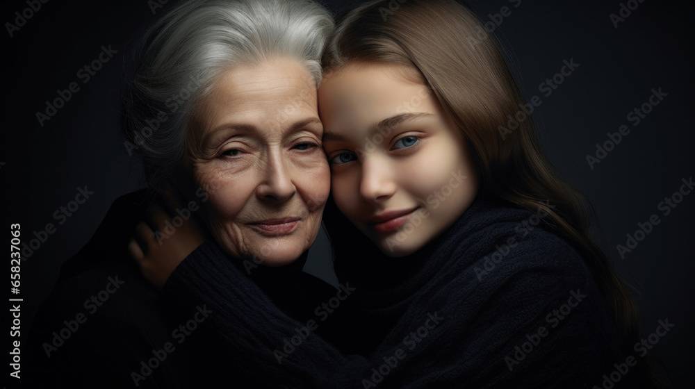 Portrait of mom and daughter on dark background Portrait of mom and daughter on dark background