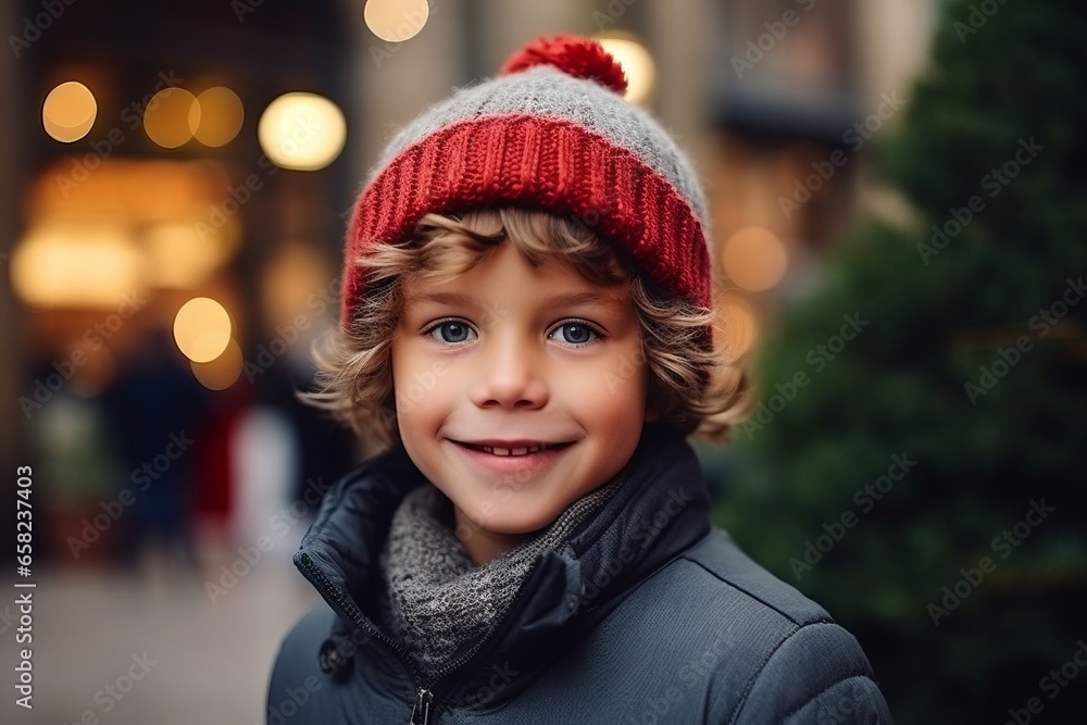Portrait of a cute little boy in a red hat and scarf on the street Portrait of a cute little boy in a red hat and scarf on the street
