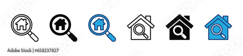 House search icons. Searching house, home, real estate, property, residence with magnifying glass icon symbol in line and flat style on white background for apps and websites. Vector illustration